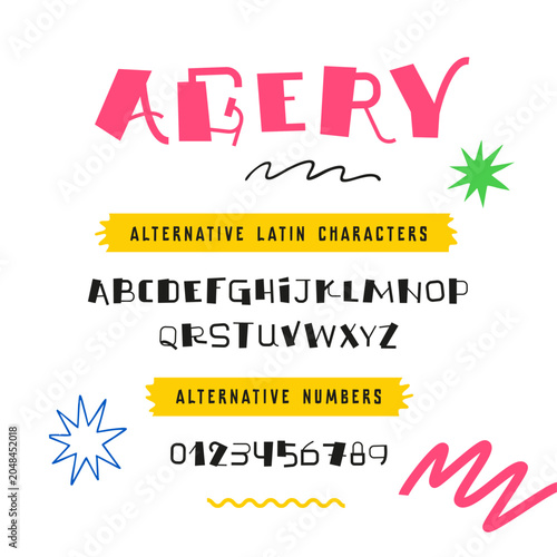 Alternative character set presentation featuring custom Latin letters and stylized numerals from a playful experimental typeface. This font specimen highlights unique alternate glyphs, creative letter