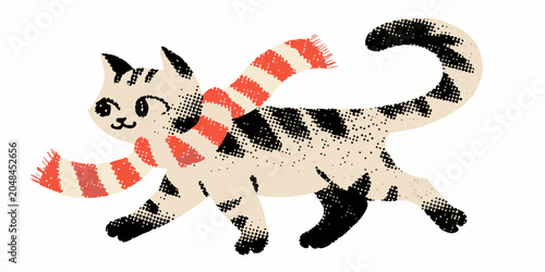Foto Halftone cat with candy cane scarf vector illustration on white background