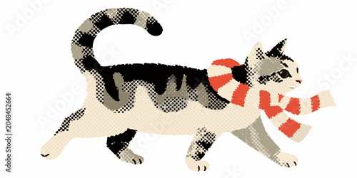 Foto Halftone cat with candy cane scarf isolated on white background