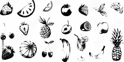 Canvas Print Black And White Fruit Illustrations With Textured Brushstroke Style