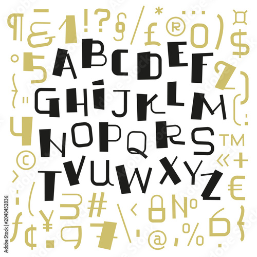 Expressive alphabet and symbol collection showcasing a playful handcrafted typeface with custom punctuation, currency signs and decorative glyphs. A contemporary typographic composition designed to