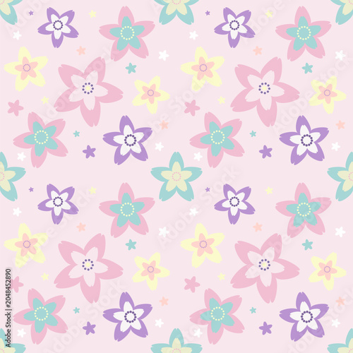 Pastel cherry blossom seamless pattern on pink background. Cute pastel flower seamless pattern, colorful blossom on light pink background for fabric, wallpaper, textile, backdrop, vector illustration.