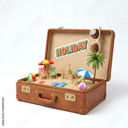 Open brown suitcase packed with colorful beach holiday items including toys, drinks, and a miniature palm tree.