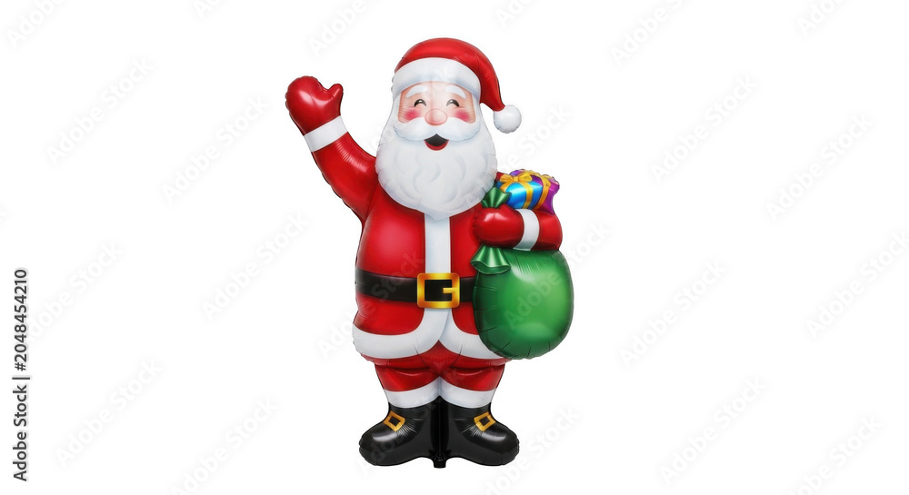 Fototapeta premium Joyful Santa Claus waving hello with gift sack during festive holiday season celebration