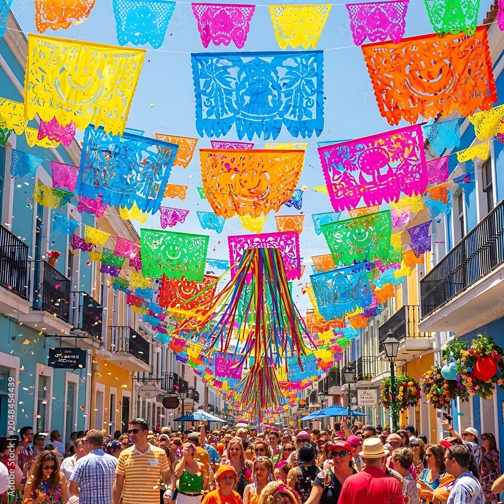 Fototapeta premium Colorful Papel Picado Decorations Hanging Over a Festive Crowded Street in Mexico.