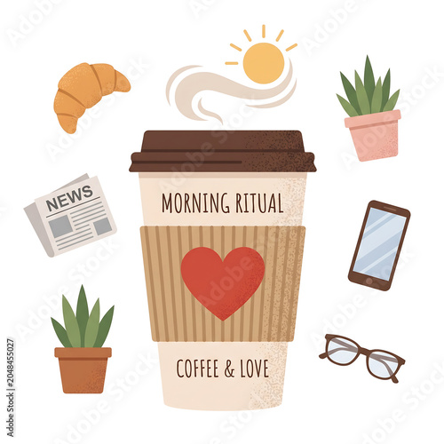 Morning ritual coffee cup surrounded by croissant, newspaper, smartphone, and potted plant icons representing daily routine.