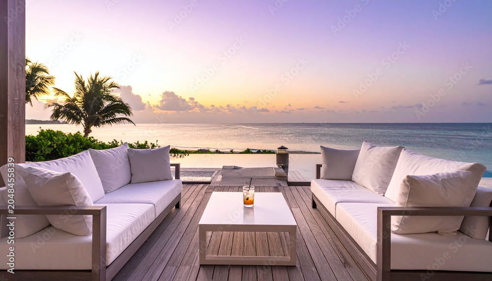 Fototapeta premium Experience ultimate luxury on a wooden terrace with elegant white sofas facing a stunning tropical ocean sunset. Perfect for premium travel, resort, and relaxation concepts.