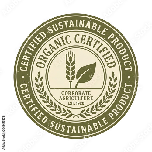 Sustainable product certification badge with wheat stalk, leaf, and corporate agriculture text in green and brown tones.