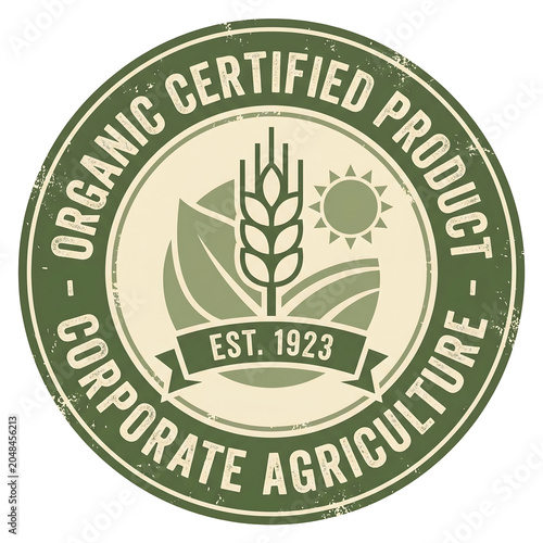 Vintage-style organic certified product badge featuring wheat stalks, sun, and corporate agriculture text on green and brown background.
