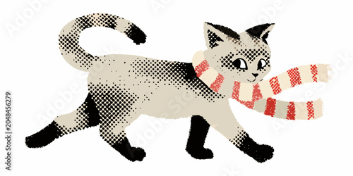 Quadro su tela Halftone Cat With Candy Cane Scarf Isolated Illustration