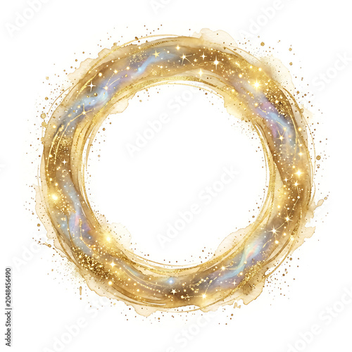 Abstract golden circular design with swirling light effects and subtle blue accents on white background.