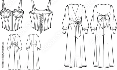 Картината върху платно Fashion technical sketch template vector set featuring women's corset tops with