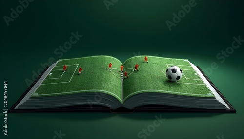 Creative Book Illustration Showing Miniature Soccer Game with Players and Ball
