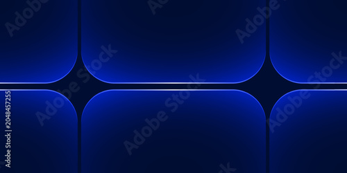 Abstract Dark Blue Futuristic Background with Glowing Neon Lines and Modern Rounded Panels