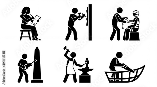 Set of black stick figure icons showing various human professions and manual labor on white background