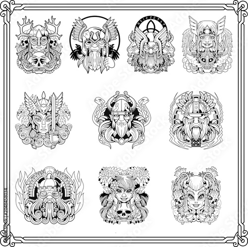 Foto Norse mythology characters, outline image set