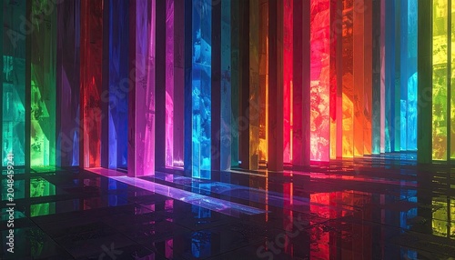 Vibrant Abstract Light Pillars in a Dark Room.