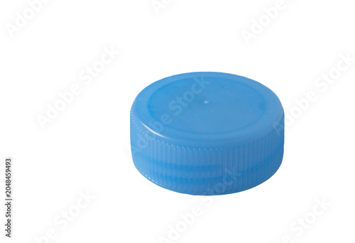 One water bottle cap isolated on white background, top view clipping path. Blue plastic stopper top cover single on white background. 