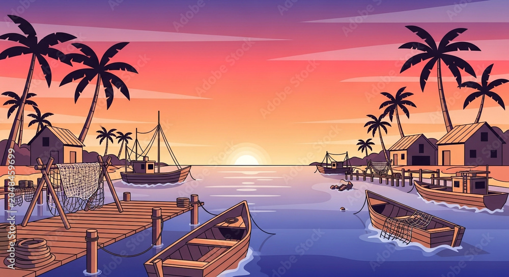 Fototapeta premium Vibrant vector illustration of a tropical fishing harbor at sunset with wooden boats, palm trees, and huts.