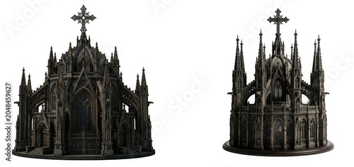 Set of two intricate gothic cathedral towers isolated on transparent background