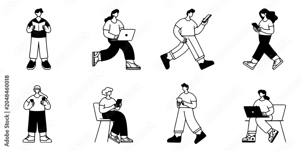 Obraz premium Man Working Office Job in Vector Style with Laptop, Walking and Carrying Documents, Icons Set for Business Communication
