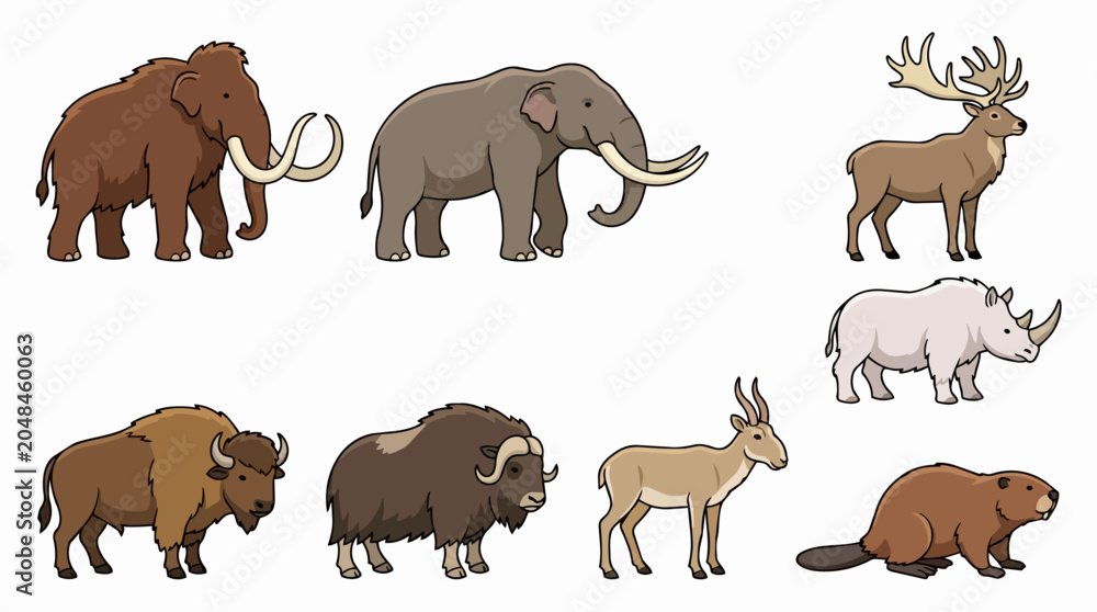 Fototapeta premium Group of prehistoric animals and larger mammals standing together, showcasing various creatures from the ice age and beyond, representing zoology, evolution, and ancient ecosystems