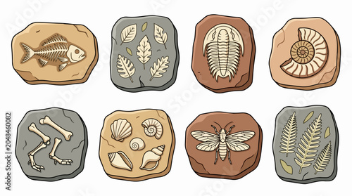 Prehistoric fossils set showcasing various ancient life forms embedded in rock. Including fish skeleton. Trilobite. Ammonite. Bones. Insect. Seashells. And plant leaves