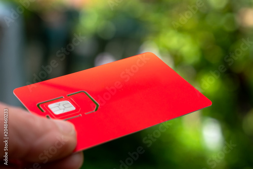 Billede på lærred Hand holding a sim card in its full size carrier, ready for activation to enable mobile connectivity, cellular data and service setup