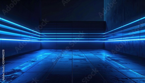 Futuristic Neon Blue Glowing Room with Reflective Floor.