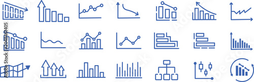 Business chart and graph line icons, containing precise financial growth and economic progress tracking graphics in an isolated web design