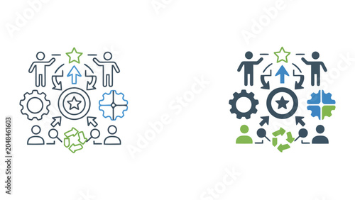 Strategic project leadership and team success icon with stars and gears representing organizational goal achievement and collaborative growth planning in professional flat vector graphic design style