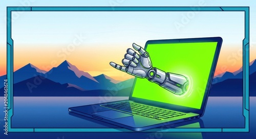 robotic hand making pinky promise gesture from laptop screen with green glow, mountain landscape background, futuristic trust concept 