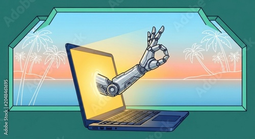 Robotic hand making ok sign emerging from laptop screen on tropical beach background, AI assistant, future technology, digital nomad concept