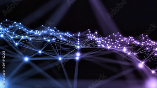 Abstract glowing network of interconnected dots and lines forming a digital wave pattern in blue and purple hues, representing data flow and technology.