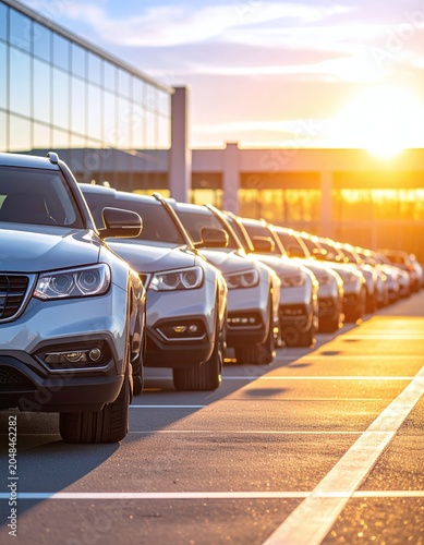 A pristine row of modern SUVs parked in a dealership lot at sunset. This highquality image illustrates fleet vehicle selection, automotive sales, transport, and commercial success.
