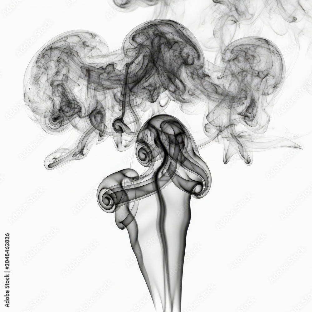 Fototapeta premium Dense charcoal smoke plumes swirling and billowing against a clean white background, perfect for high-quality atmospheric special effects, puff, effect, smog