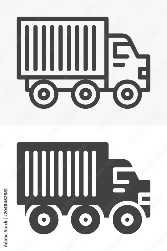 Fototapeta premium Lorry truck icon in line outline and solid icon versions. Editable stroke vector sign symbol showing cargo box truck icon for transport and logistics use.