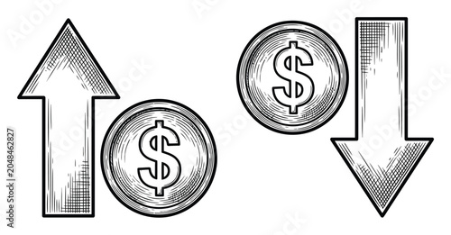 Vintage style of rising and falling dollar currency symbols with arrows