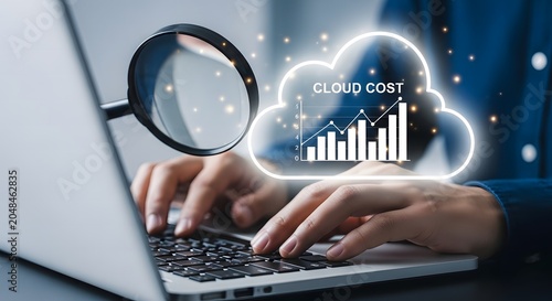 Analyzing cloud computing costs with a laptop and magnifying glass focus