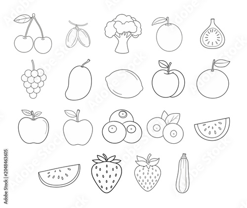 Minimal hand-drawn fruit and vegetable outline set featuring clean shapes, perfect for coloring pages, educational materials, healthy food themes, and modern design projects.