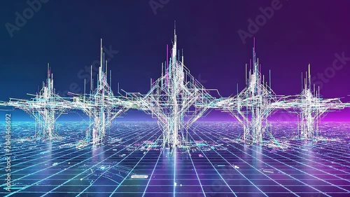 Abstract digital cityscape with glowing interconnected data structures on a futuristic grid, bathed in a vibrant blue and purple gradient.