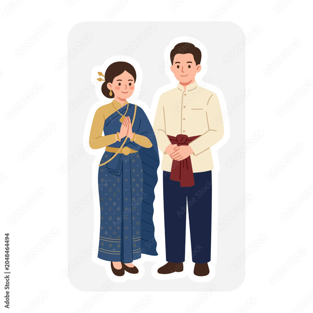 Obraz premium Asian Couple Greeting Traditional Attire