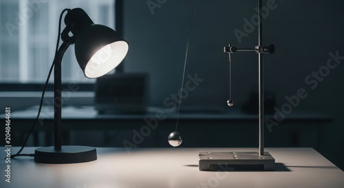 Minimalist physics laboratory setup with a pendulum demonstrating motion and energy transfer.