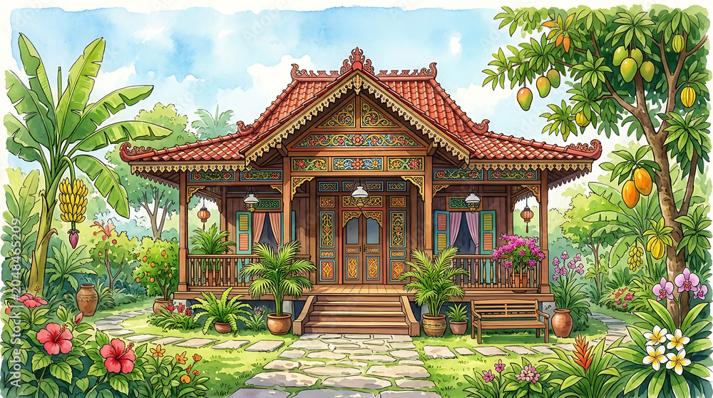 Obraz premium Watercolor Illustration of Betawi Traditional House with Colorful Ornaments and Tropical Garden