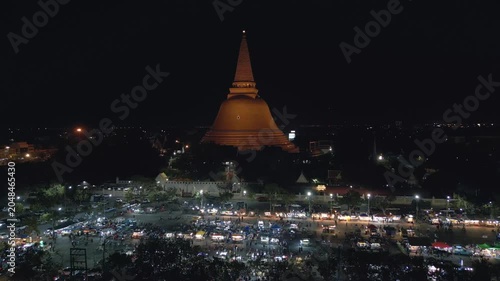 Nakhon Pathom Night Market and Phra Pathom Chedi  Static Wide Aerial Establishing Shot in 4k