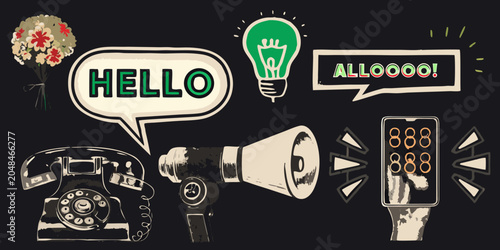 Obraz na płótnie Communication Collage Featuring Vintage Telephone And Speech Bubble Illustration