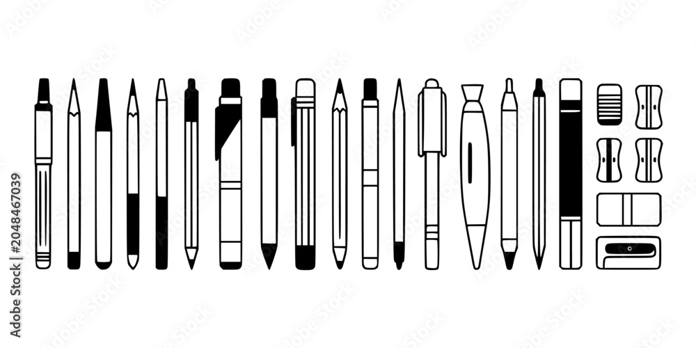 Obraz premium Pens and Pencils in Various Styles and Designs Featuring Writing Tools, Drawing Tools, Black and White with Vector and Illustration Elements