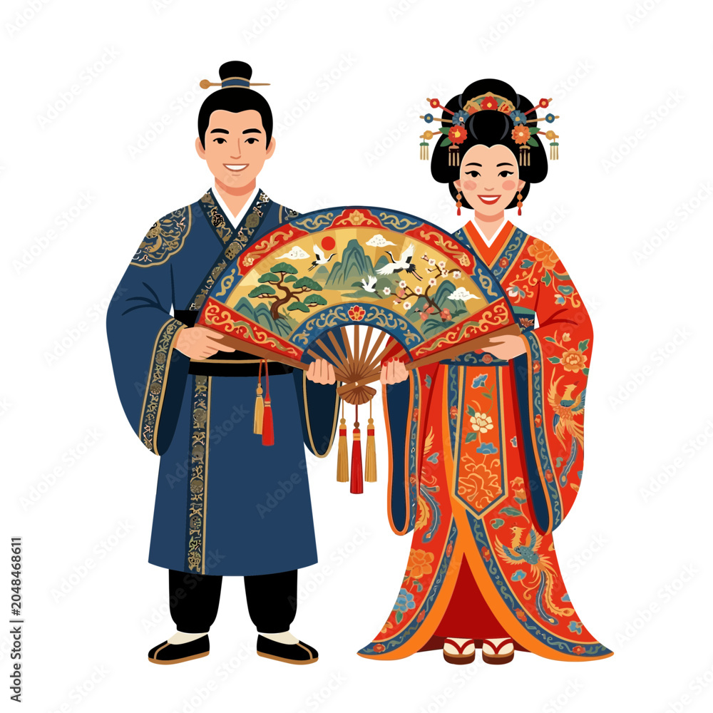 Fototapeta premium Asian couple in traditional wedding attire holding ornate fan