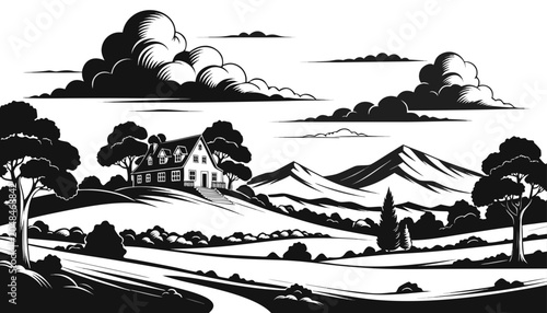 Фотография Very beautiful black-and-white engraved vector illustration featuring a charming
