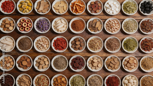 Traditional Chinese medicine herbs in white ceramic bowls top view, flat lay of variety of TCM dry roots and ingredients on rustic wooden table